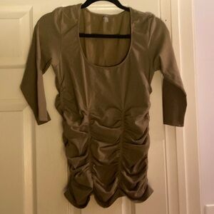 Last Tango M/L scoop neck ruched army green fitted long sleeve top shirt